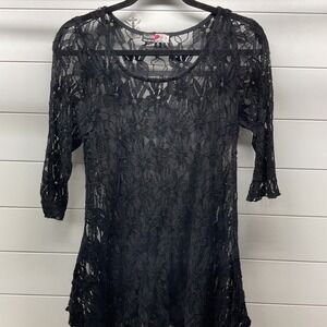 Inside Out Black Floral Sheer Lace Sharkbite Tunic Top 3/4 Sleeve USA Made M